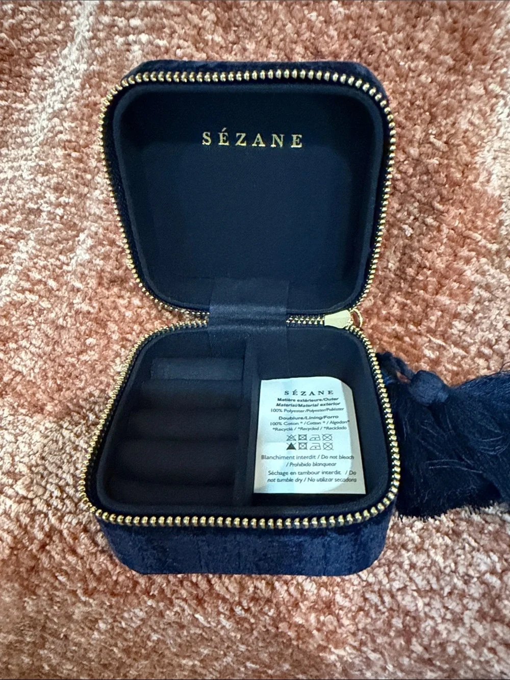 Sezane Navy Blue Velvet Travel Jewelry  Case with Gold Zipper Tassels NEW